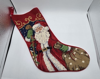 Christmas Stocking Santa Claus Needlepoint Decor 19" Vintage