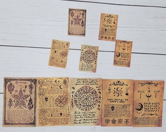 Miniature Halloween Dollhouse Witch Spell Sheets, Witchy Mini Gothic Clutter Decor, 1:6 or 1/12 Dollhouse Scale, Wiccan Diorama, Ouija Board