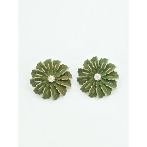 Vintage Green Flower Olive Green Rhinestone Clip On Fashion Earrings Mcm