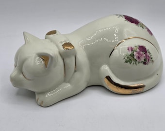 Vyg Formalities by Baum Bros. Sleeping Cat Figurine Gold trim pink red Roses