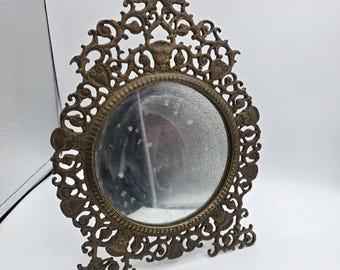 Brass Standing Mirror Hanging Wall Ornate Antique Vintage Scroll