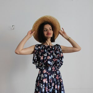 Vintage HM cocktail dress Flower pattern dress Midi dress 70&#39;s dress A line empire gown Ruffles sleeves Happy pattern (S/M)