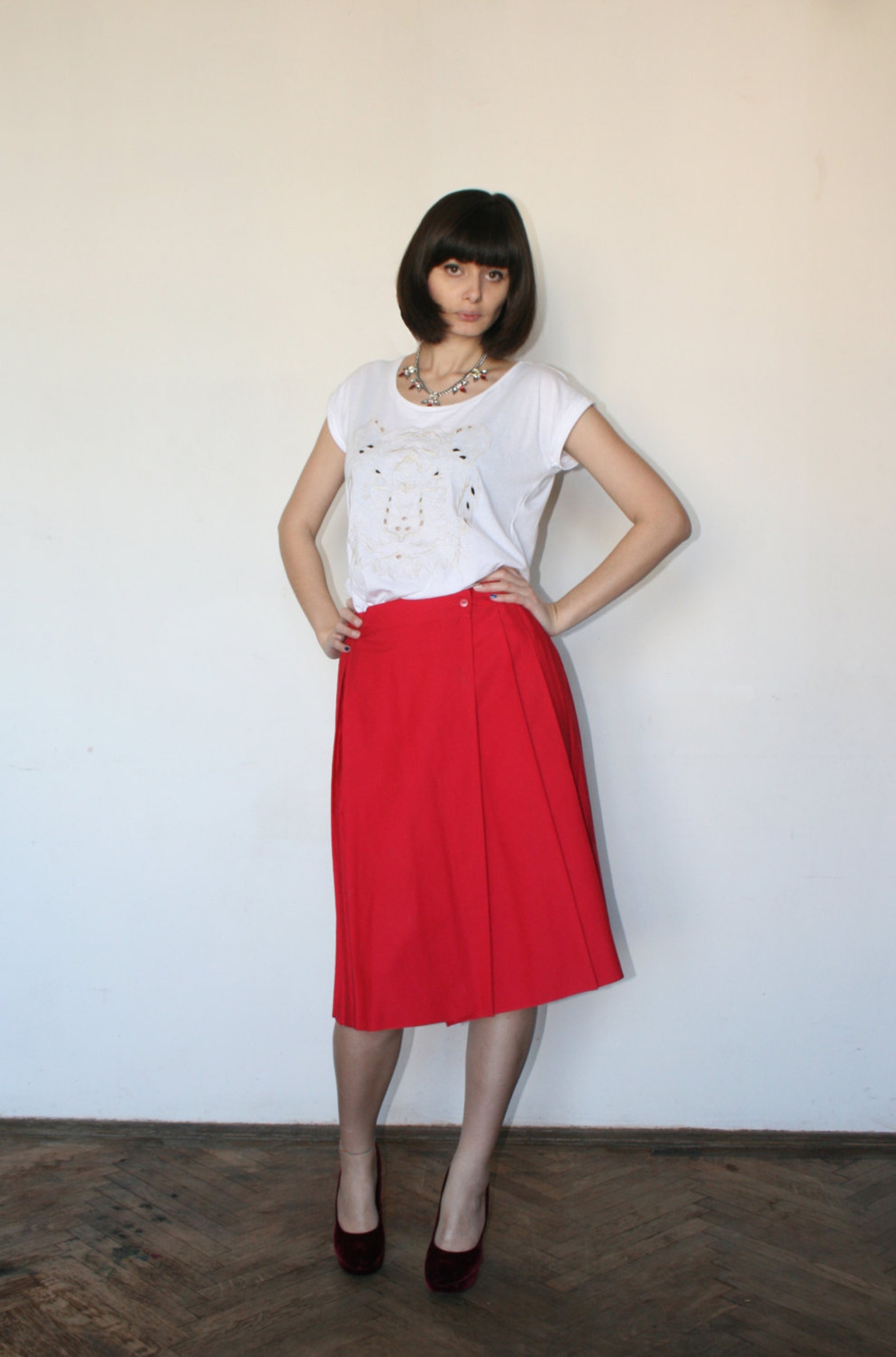 Red Vintage Skirt Wrap Skirt Full of Color Summer Skirt Bright Red 80s