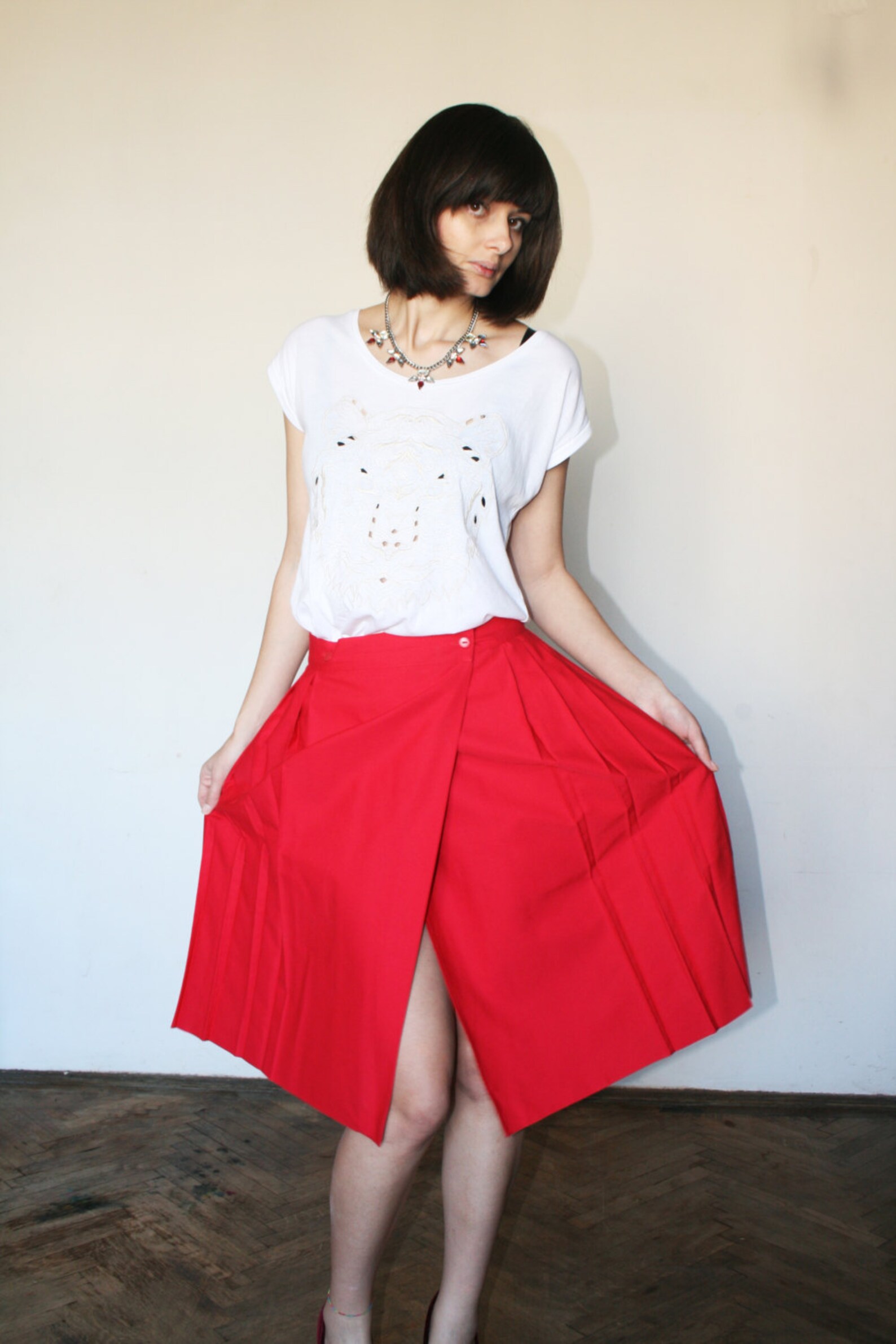 Red Vintage Skirt Wrap Skirt Full of Color Summer Skirt Bright Red 80s