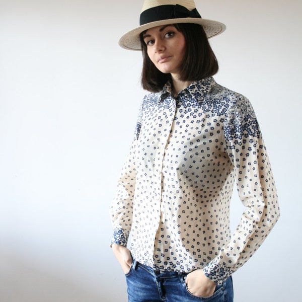 Small flower pattern shirt 80 s Cream shirt Flowers Degrade pattern (M)