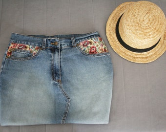 Falda de tapices jeans Falda Midi con tapiz floral Vintage H&M falda de cintura alta 80's (S/M)Blu