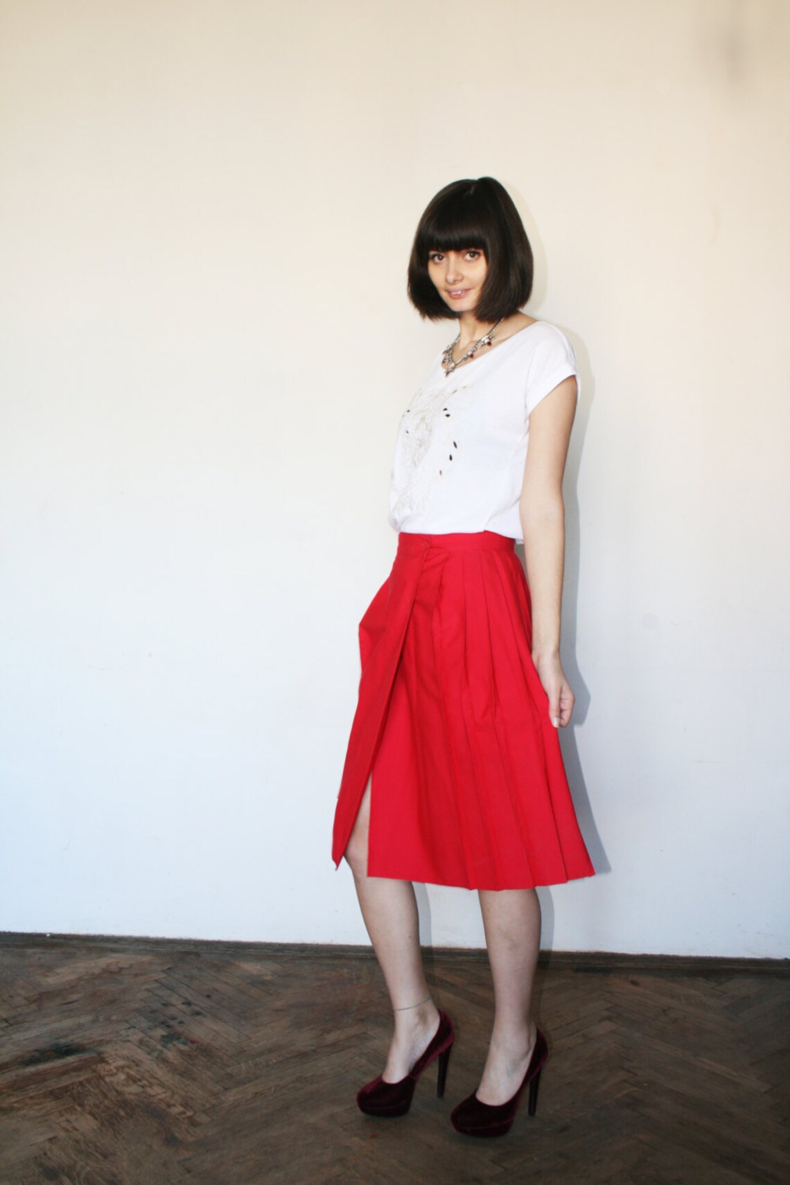 Red Vintage Skirt Wrap Skirt Full of Color Summer Skirt Bright Red 80s