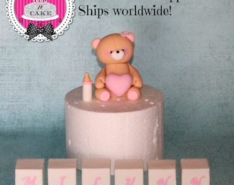Bear and blocks fondant cake topper set
