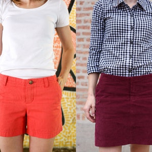 May include: Two women wearing different outfits. The woman on the left is wearing a white t-shirt and red shorts. The woman on the right is wearing a black and white gingham shirt and a burgundy skirt.