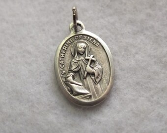St. Catherine of Siena Religious Catholic Patron Saint Medal Charm Silver Oxidized Pendant