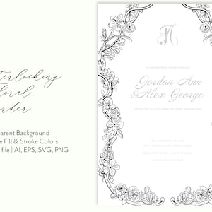 Bridal Art Interlocking Floral Border for Letterpress or Engraved Wedding Invitation, Stationery, Black and White Botanical Vector Border