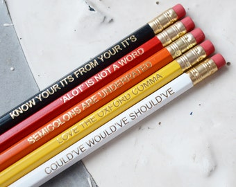 RED GRAMMAR PENCILS Set Ombre Coloured Pencil Gift School English Rules Teacher Graduation Present Colourful Retro Hex Gold Handmade Police