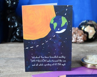 Sun Miles BIRTHDAY card. Celebrate travelling around the sun. Astronomy. Funny. Eye catching. Unique.