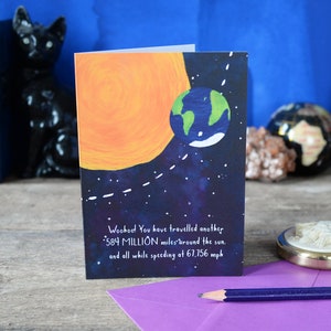 Sun Miles BIRTHDAY card. Celebrate travelling around the sun. Astronomy. Funny. Eye catching. Unique. image 1