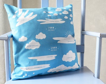 CLOUD TYPES CUSHION Cover. Blue and White Meteorology Homeware Teenager Gift 40 cm 16 inch Square Print Sky Science Astronomy Interesting Uk