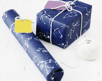 CONSTELLATIONS WRAPPING PAPER Stars Gift Wrap Set Educational Illustrated Dark Blue Kraft Sheets Colourful Tags. Birthday Party Astronomy Uk