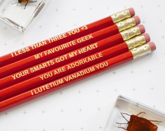 ADORKABLE VALENTINE PENCIL Set Red Coloured Pencils Retro Hex Gold Foil Type Stationery Lover Geek Nerd Love Valentines Day Gift For Him Her