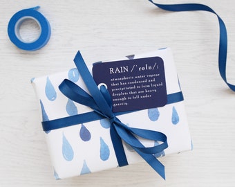 RAIN WRAPPING PAPER Watercolour Set. Blue Painted Drops Pattern Unique Gift Wrap Tags Ribbon Giftwrap Birthday Christmas Party Boys