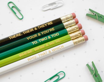 GREEN GRAMMAR PENCILS Back to School English Teacher Gift Graduation Stocking Stuffer Coloured Pencil Set Present Colourful Retro Hex Gold