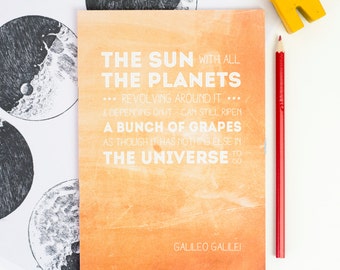 GALILEO QUOTE NOTEBOOK Inspirational Orange Stationery Famous Scientist Plain Pages Scientific Geeks Back to School Teacher Gift Science