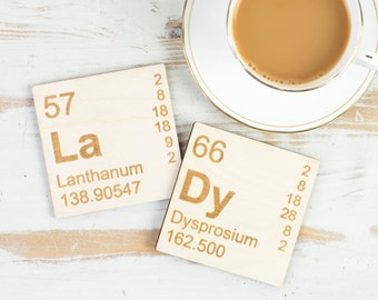 LADY ELEMENT COASTERS Periodic Table Wooden Coaster Set Mother's Day Present for Mum Stocking Filler Science Gift For Her Graduation Present