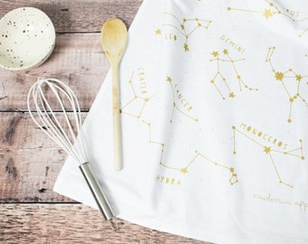 GOLDEN STAR CONSTELLATIONS Tea Towel Autumn Gold White Screen Printed English Metallic Kitchen Homeware Interesting Gift Cook Chef Astronomy