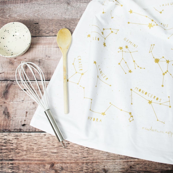 GOLDEN STAR CONSTELLATIONS Tea Towel Autumn Gold White Screen Printed English Metallic Kitchen Homeware Interesting Gift Cook Chef Astronomy