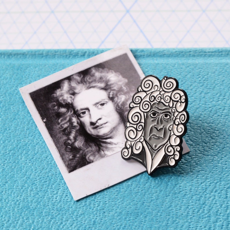 ISAAC NEWTON PIN Soft Enamel Monochrome Scientist Black White Science Gravity Physics Stocking Filler Graduation Exams Teacher Gift image 1