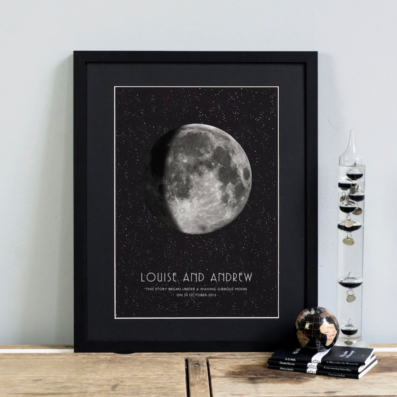 Personalised Gift MOON PHASE PRINT. New Mother Fathers Day New Baby Special Date Wedding Anniversary Dad Gift Astronomy Stars Space Wall Art image 1