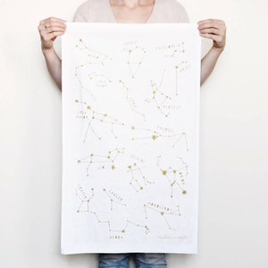 GOLDEN STAR CONSTELLATIONS Tea Towel Autumn Gold White Screen Printed English Metallic Kitchen Homeware Interesting Gift Cook Chef Astronomy image 3