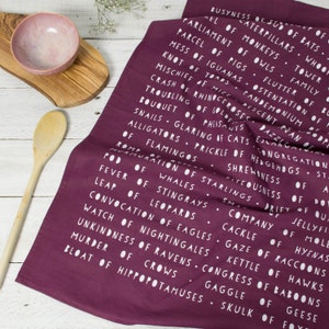 COLLECTIVE ANIMAL NOUNS Tea Towel Burgundy 100% Cotton Screen Printed English Grammar Kitchen Homeware Interesting Gift Her Cook Chef Fun