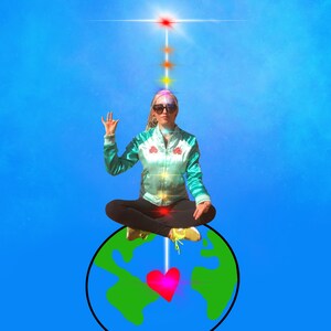 May include: A woman wearing sunglasses sits in a lotus position with her legs crossed, meditating above a green and blue globe. A red heart is at the centre of the globe, and a line of light connects the heart to the woman's crown chakra. The woman is surrounded by a blue sky.