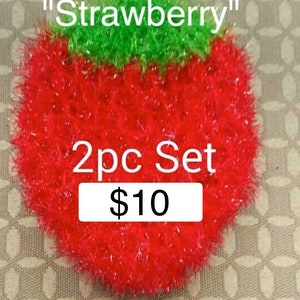 2-pc Set / Dish Scrubbies, Eco-Friendly Fruit Scrubber, Scrubby, Scrubbie, SUSEMI (수세미) Strawberry Shaped