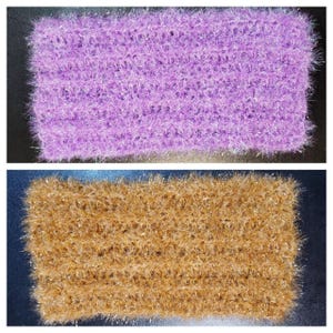 May include: Two swatches of fuzzy yarn, one purple and one brown. The yarn has a sparkly sheen.