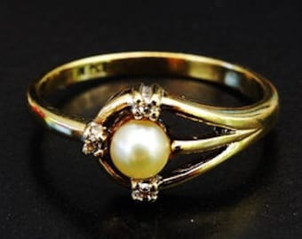 Moderne dames culture perle et diamant bague de fiançailles Vintage en 9ct jaune or frais de port gratuit