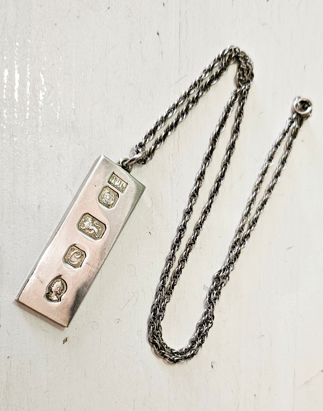 Unisex Vintage Silver Ingot Pendant on a Rope Chain Necklace FREE