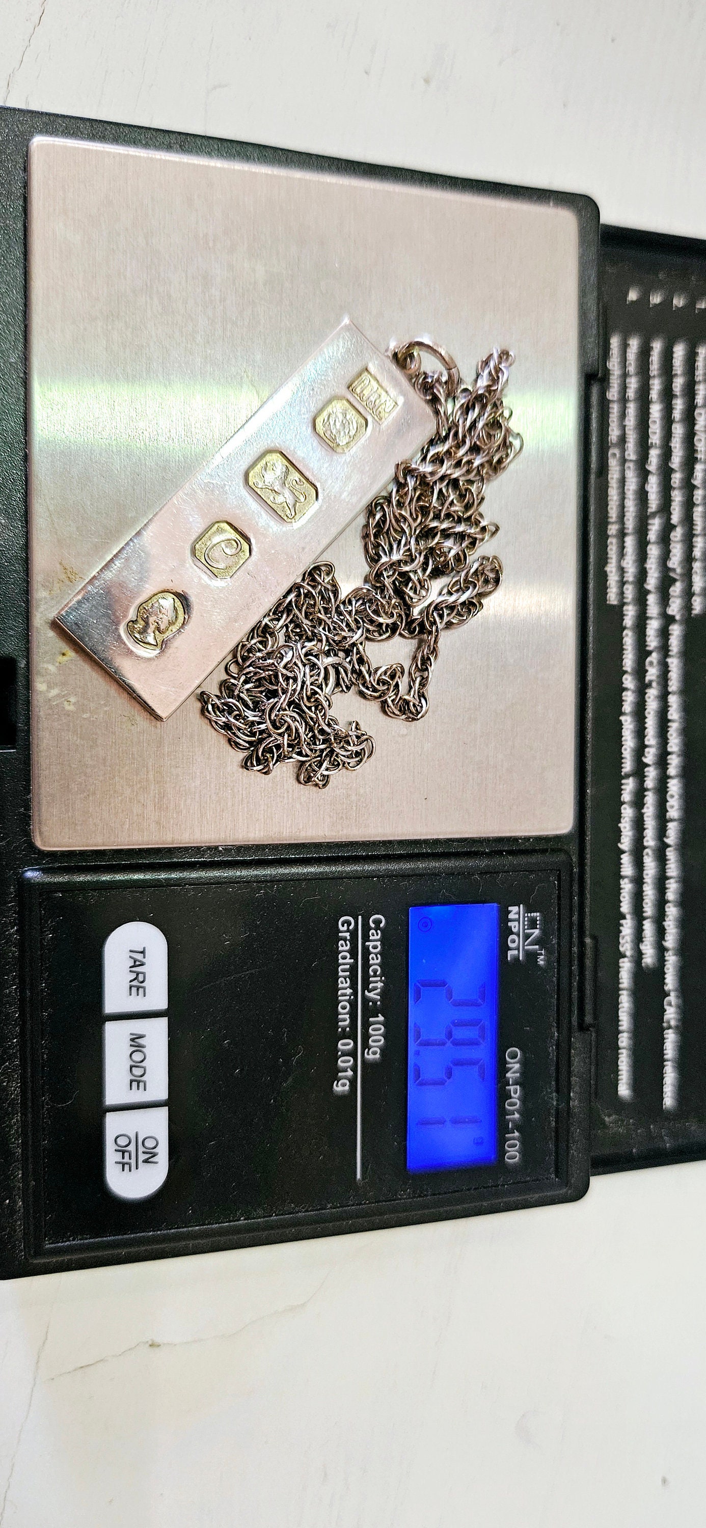 Unisex Vintage Silver Ingot Pendant on a Rope Chain Necklace FREE