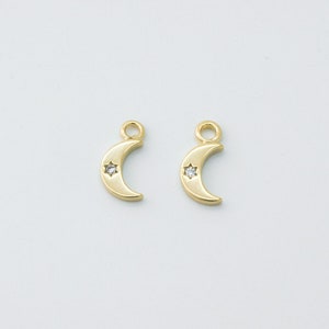 Tiny crescent moon charm, Brass, CZ, Moon charm Necklace makings, Jewelry supplies, 2 pcs, [N2-R7]