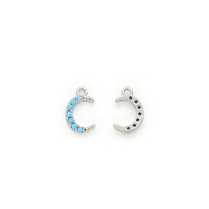Crescent moon pendant w/ Turquoise stone (Small), N24-G12R, 2 pieces, 10x7mm, Original rhodium plated brass, Nickel Free, Cubic zirconia