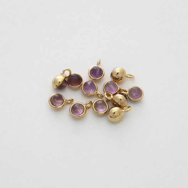 Round Gemstone Charm, Amethyst, N36-R6, 2 pcs, 4mm, 1 open link, 16K gold plated brass, Tiny charm, Round charm, Stone charm, Cabochon