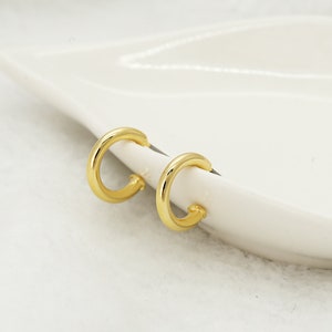 Puede incluir: Un par de pendientes de aro de oro. Los pendientes son pequeños y simples, con un acabado liso y pulido.