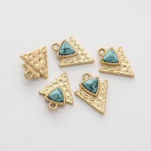 2 pieces, Turquoise double triangle pendant, Nickel free, N14-G5, Shiny gold plated zinc, Synthetic stone, Jewelry making