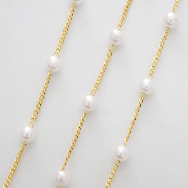 4mm Pearl Chain, Nickel free, CJ39-06, 1m, 4mm Pearl, 16K gold plated copper brass, Brass wire, Necklace making, Rosary chain, Beads chain