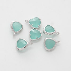 Framed glass charms, N6-G15, 2 pcs, 11.5x8mm, Drop, Mint opal, Cutting glass, Rhodium plated brass, FS02-15