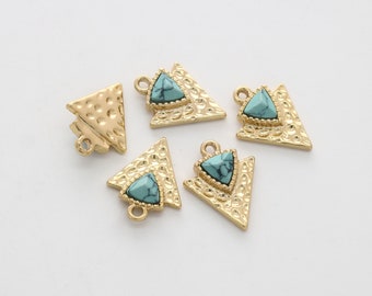 May include: Five gold-tone triangle charms with turquoise-colored stones in the center. The charms have a textured surface and are perfect for jewelry making.