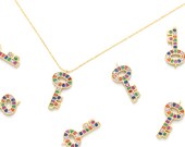 Key pendant w rainbow CZ, S75-G7, 1 piece, 18x8mm, 1.5mm thick, 16K gold plated brass, Nickel free, Jewelry making, Tiny, Minimal charm