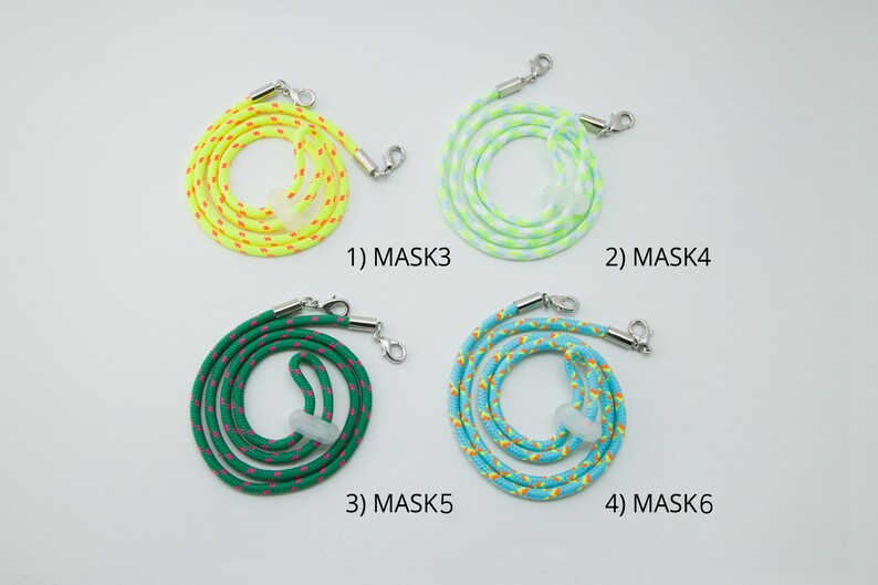 May include: Four different mask lanyards with colorful patterns and silver clasps. The lanyards are labeled 1) MASK3, 2) MASK4, 3) MASK5, and 4) MASK6.