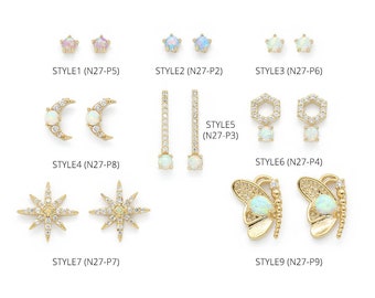 Opal stud earring collection, 2 pcs per style, 16k gold plated brass, Cubic zirconia, Lap-created opal