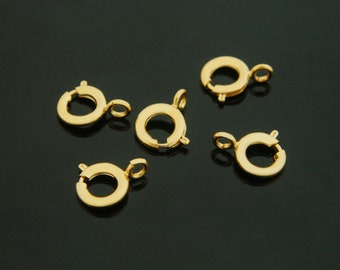 7mm Spring clasp, S84-G5, Nickel free, 50 pcs, 7mm diameter, Spring ring with loop, 16K gold plated brass, Without A bar, Jewelry findings