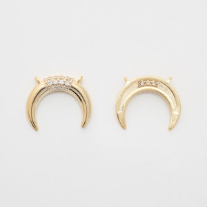Cubic on horn pendant, N28-P14, Nickel free, 2 pcs, 16K Gold Plated Brass, 13x11x2mm, Crescent moon pendant, Cubic jewelry making connector